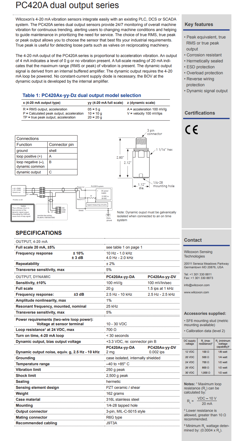威爾康森4-20mA回路供電振動傳感器，帶動態(tài)振動輸出PC420AP-20-DA型技術(shù)參數(shù)