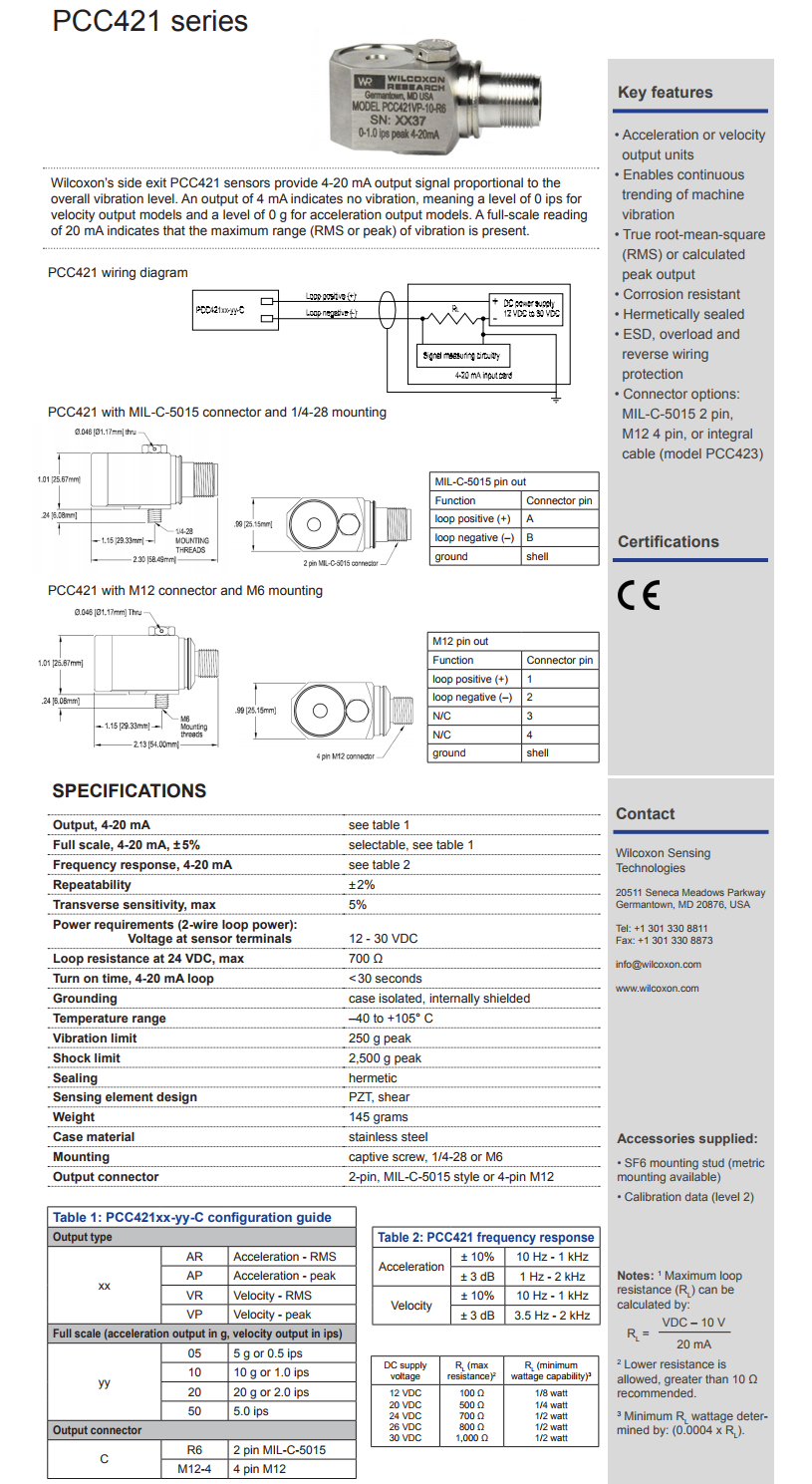 威爾康森4-20mA回路供電振動傳感器PCC421VP-10-R6型技術參數(shù)
