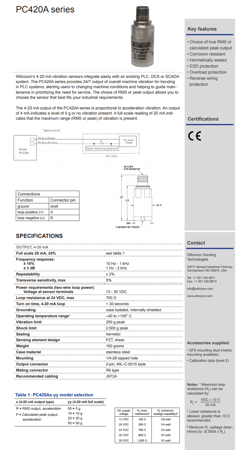 威爾康森4-20mA回路供電振動傳感器PC420AR-10型技術參數(shù)