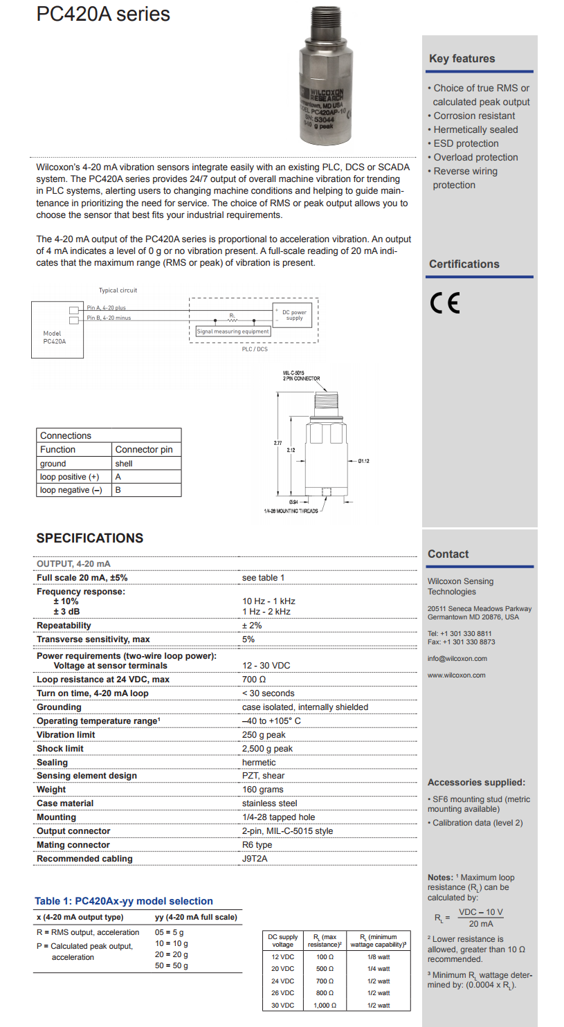 威爾康森4-20mA回路供電振動傳感器PC420AP-50型技術參數(shù)