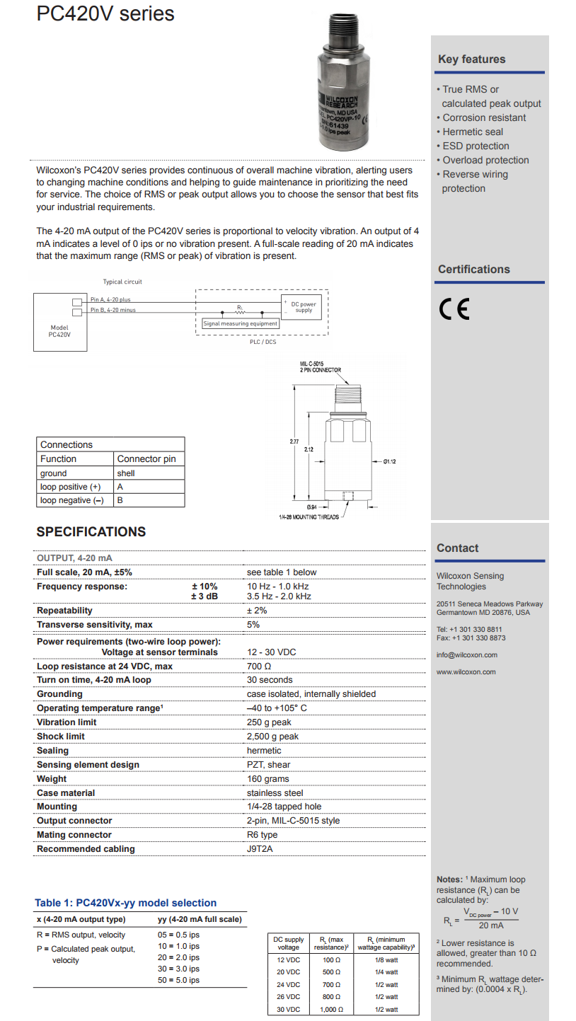 威爾康森回路供電振動傳感器PC420VR-30型技術(shù)參數(shù)