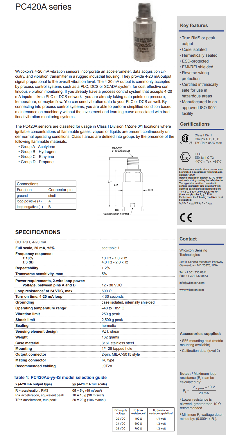 威爾康森回路供電振動(dòng)傳感器PC420AP-20-IS型技術(shù)參數(shù)