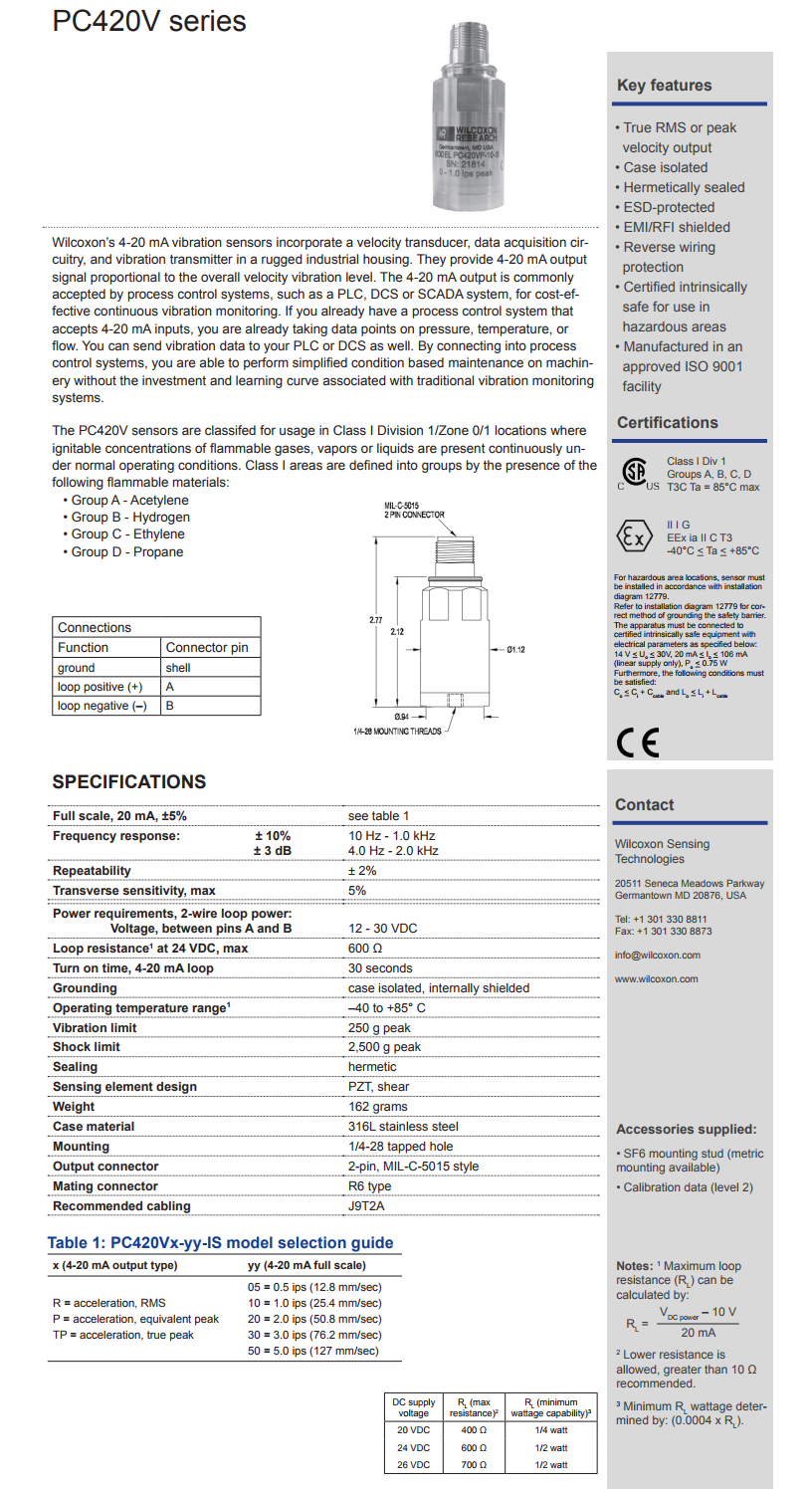 威爾康森回路供電振動傳感器PC420VR-05-IS型技術(shù)參數(shù)