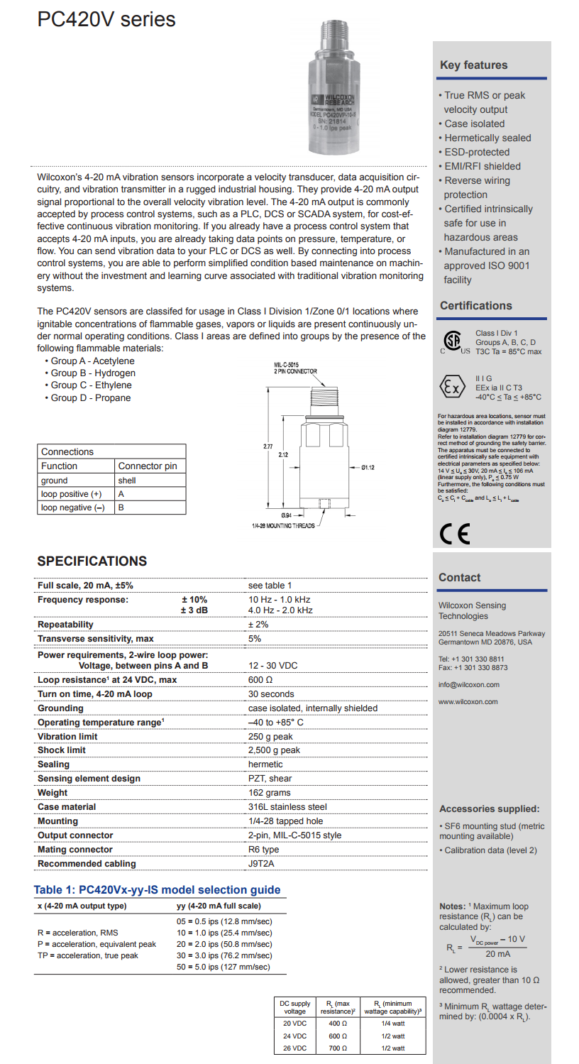 威爾康森回路供電振動(dòng)傳感器PC420VR-30-IS型技術(shù)參數(shù)