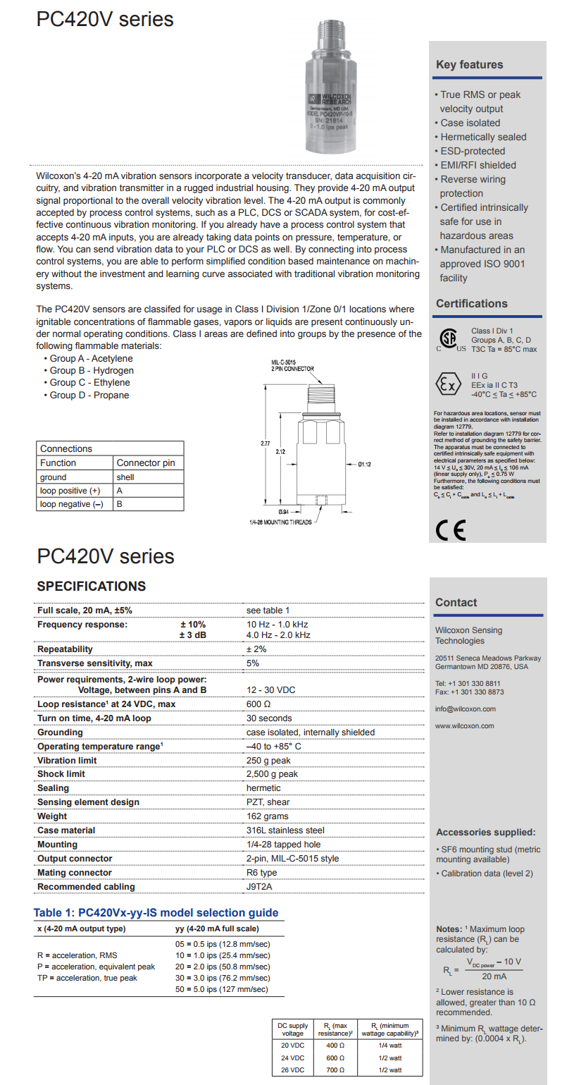 威爾康森回路供電振動傳感器PC420VR-50-IS型技術(shù)參數(shù)