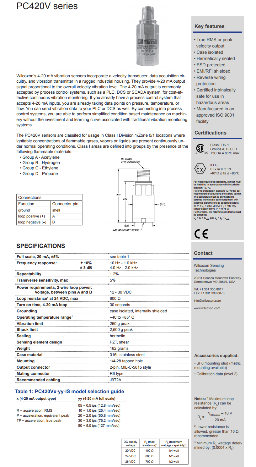 威爾康森回路供電振動傳感器PC420VP-50-IS型技術參數(shù)