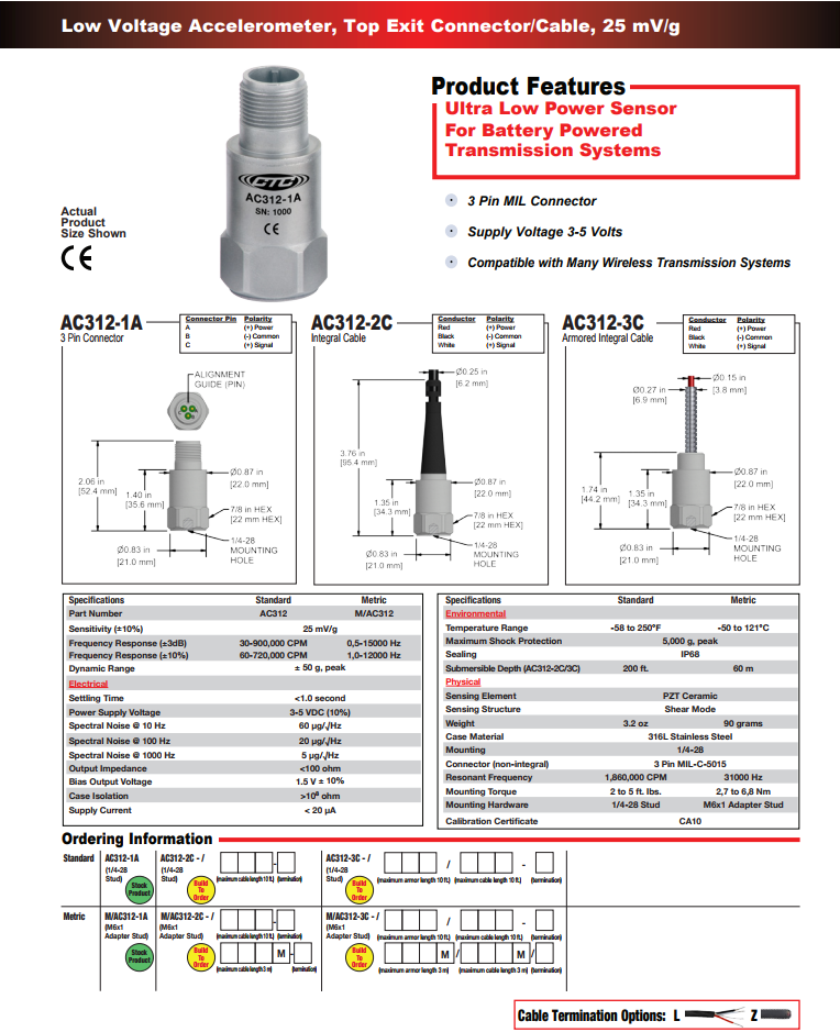CTC 低壓加速度振動傳感器AC312技術(shù)參數(shù)