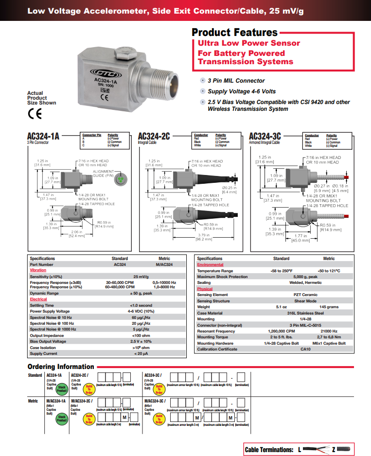 CTC 低壓加速度振動傳感器AC324技術(shù)參數(shù)