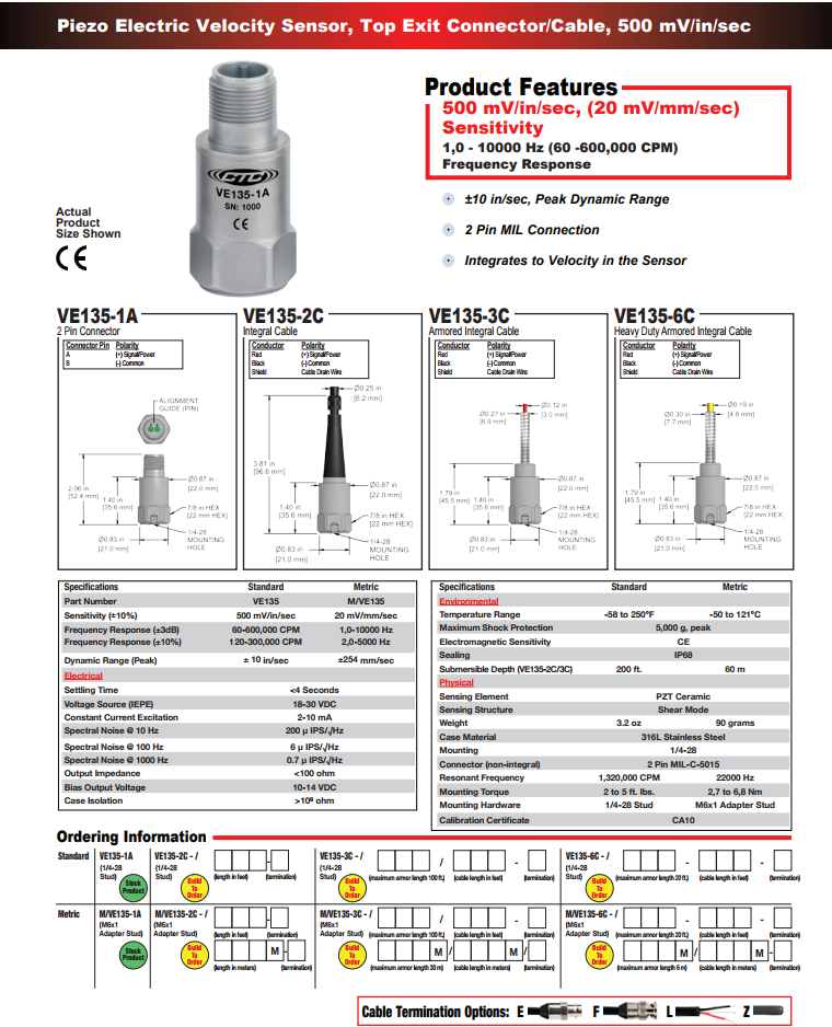 CTC 壓電式速度振動傳感器VE135技術參數(shù)