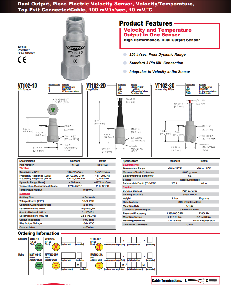 CTC 雙輸出壓電速度振動傳感器VT102技術(shù)參數(shù)